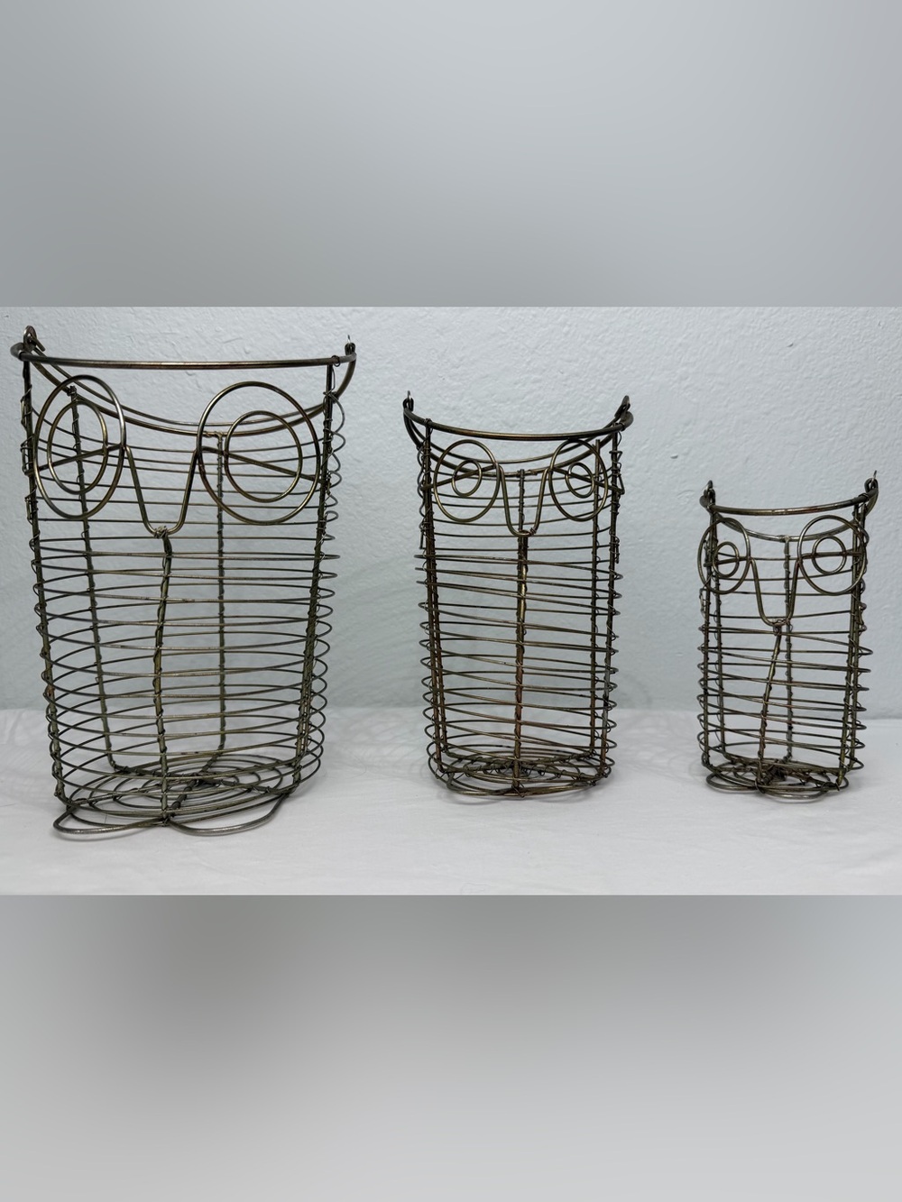 Vintage set of 3 Metal Wire Owl Baskets Decor Rustic Farmhouse Cabin Country